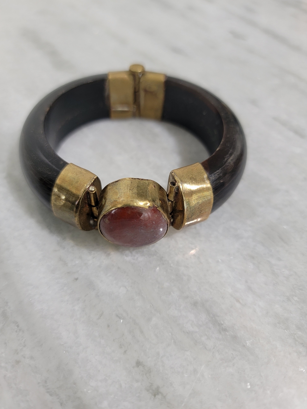 Handcrafted Black Wood and Brass Bracelet with Purple Stone